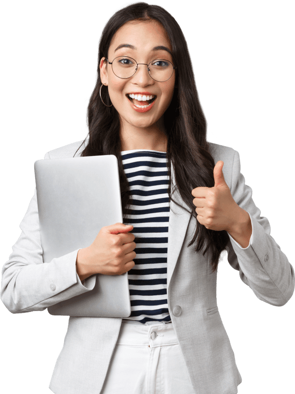 a young happy girl that wear glasses, shows the thumb and hold and laptop